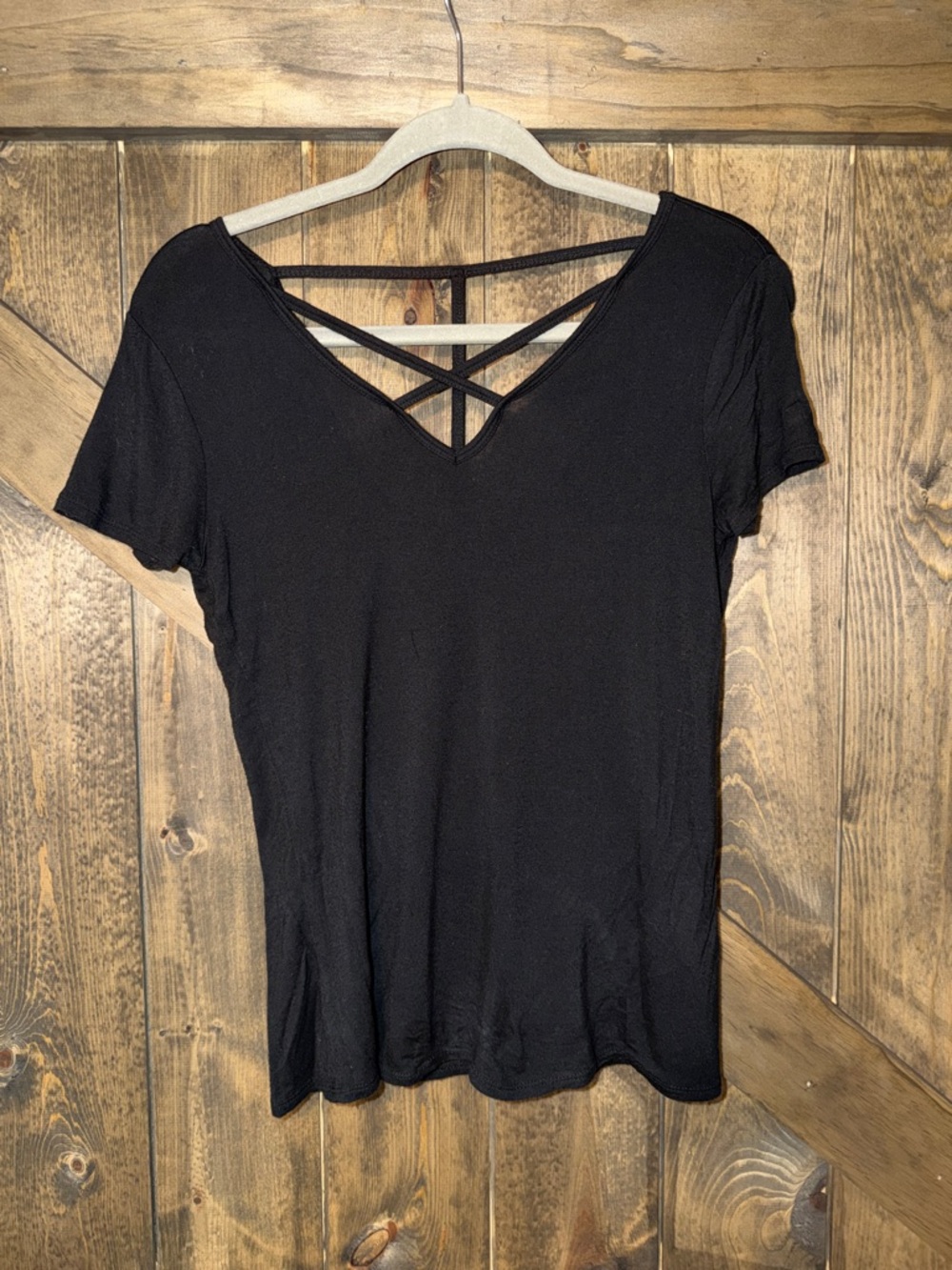 SO Black Short Sleeve V-Neck Tee with Crisscross